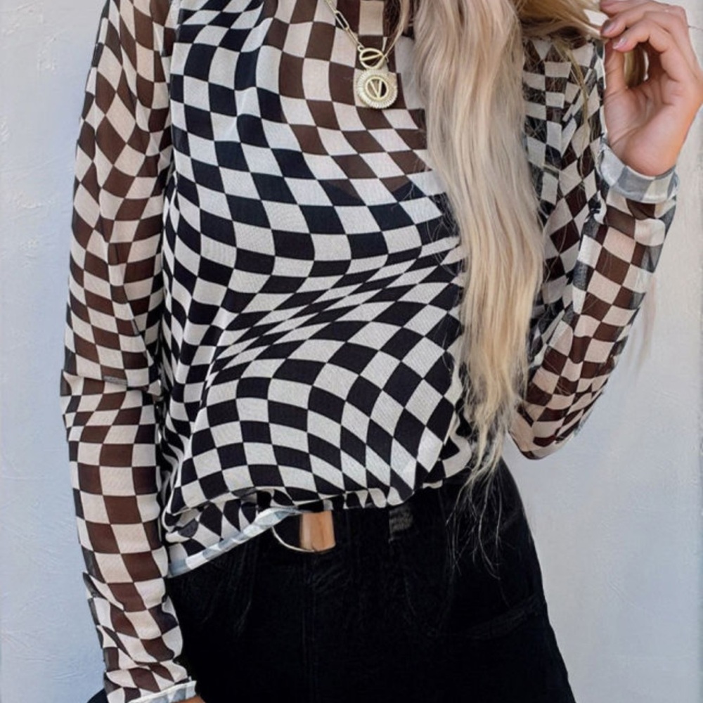 Checkerboard Long Sleeve Mesh Blouse in Black & Brown